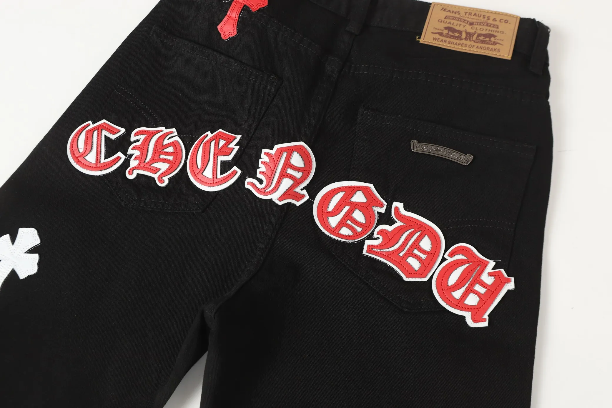 P270 Chrome Hearts/Chrome Hearts 25ss classic colored leather cross washed color cloth denim trousers for men and women Color: Picture color Size: 28-36